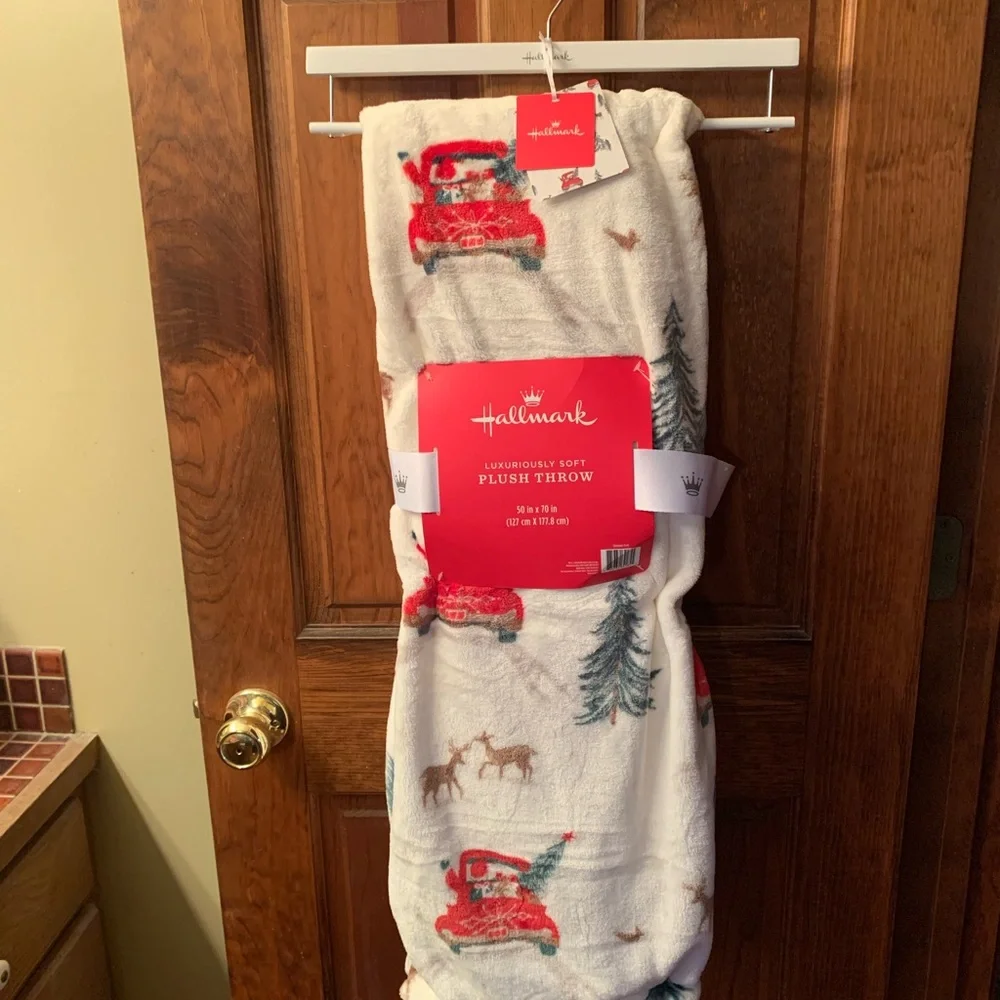 Hallmark, NEW WITH TAGS plush CHRISTMAS throw blanket, has RED Christmas truck.